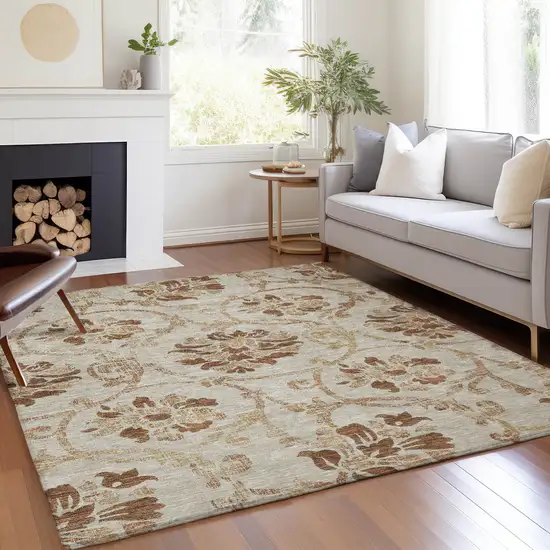 Terra Cotta Copper And Beige Floral Washable Indoor Outdoor Area Rug Photo 7