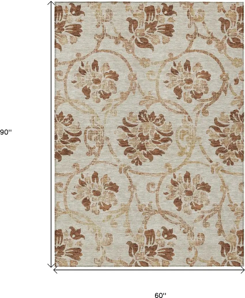 Terra Cotta Copper And Beige Floral Washable Indoor Outdoor Area Rug Photo 3