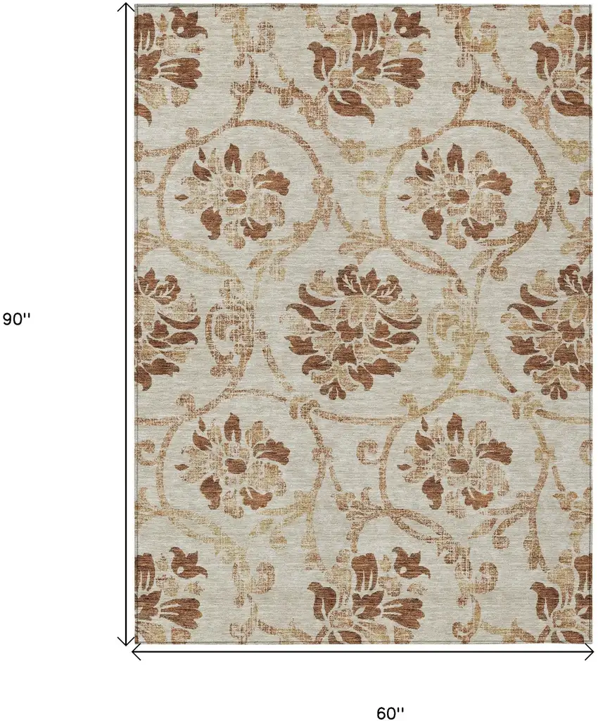 Terra Cotta Copper And Beige Floral Washable Indoor Outdoor Area Rug Photo 3
