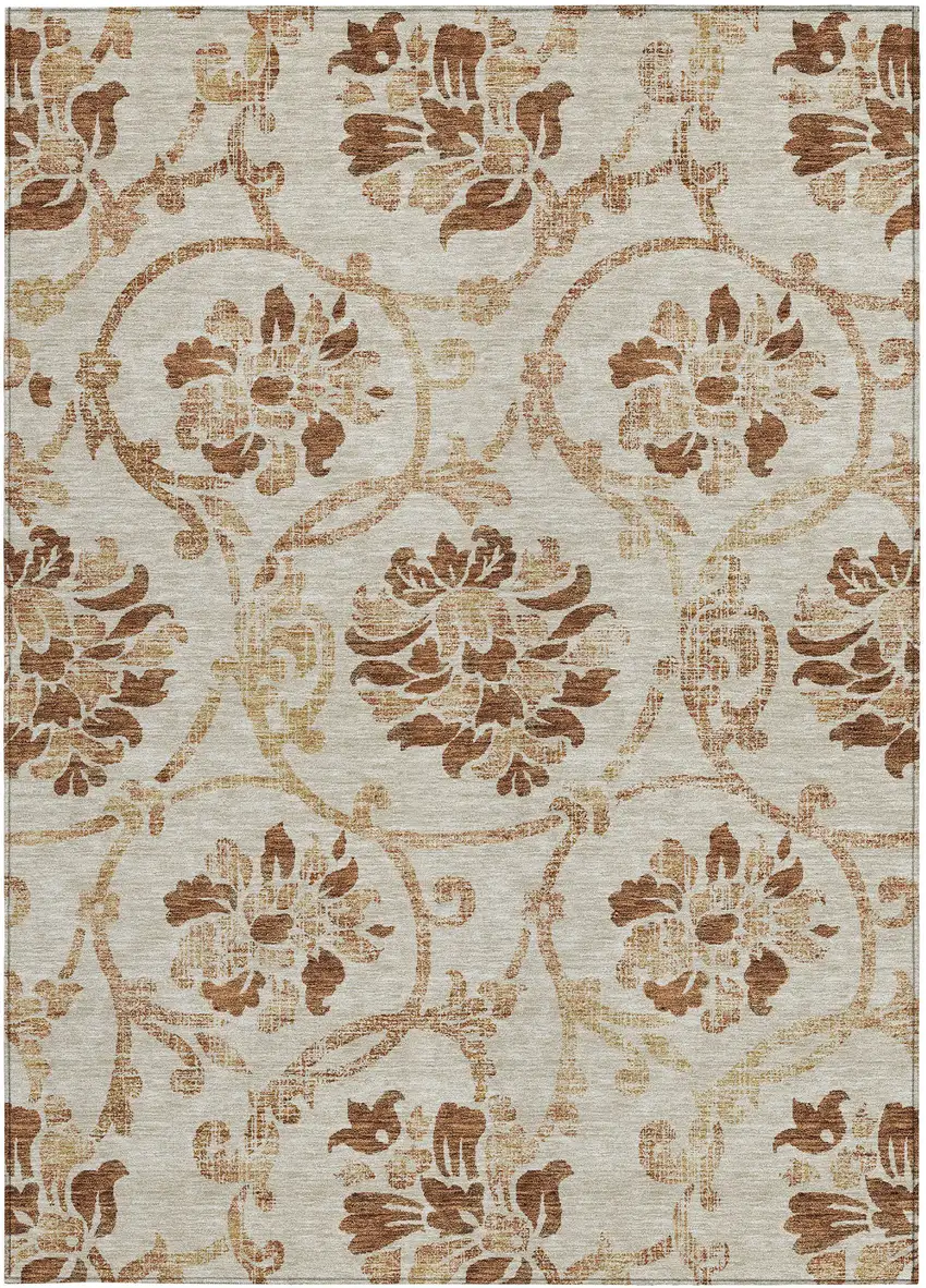 Terra Cotta Copper And Beige Floral Washable Indoor Outdoor Area Rug Photo 5