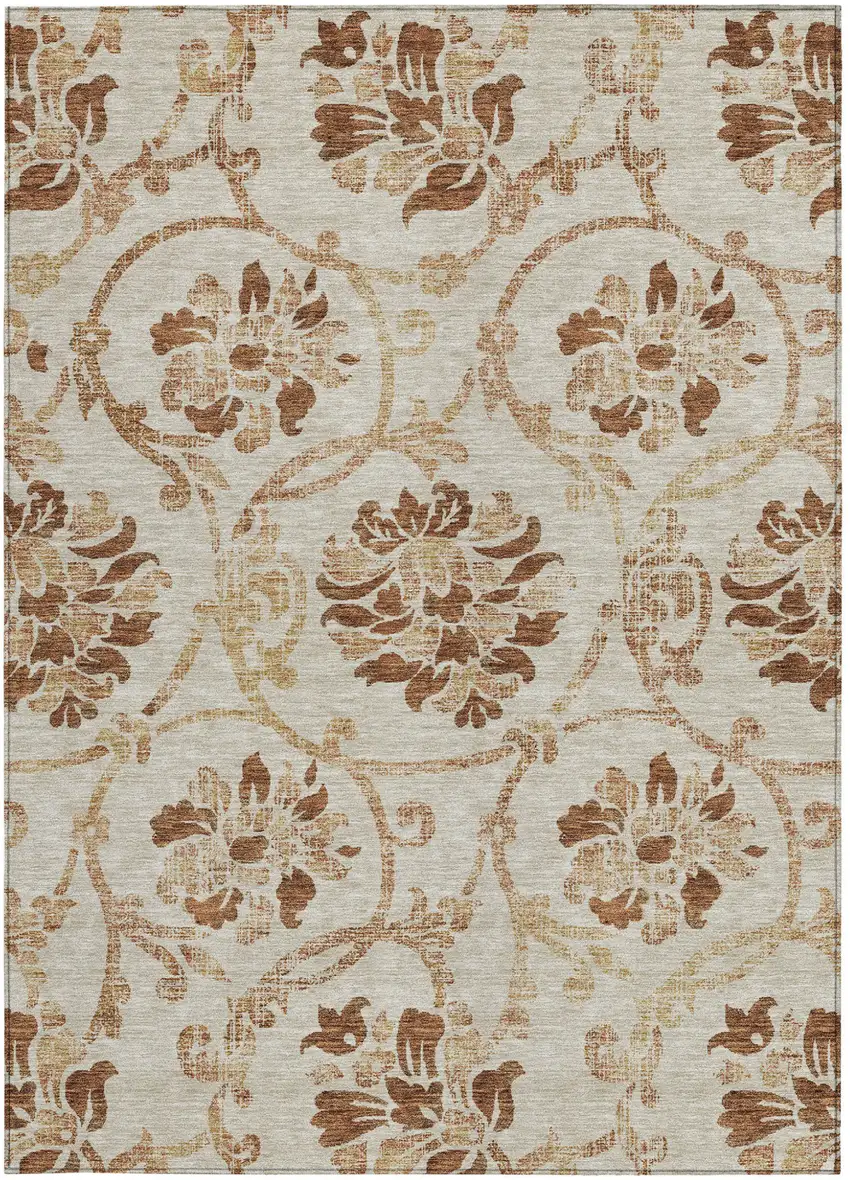 Terra Cotta Copper And Beige Floral Washable Indoor Outdoor Area Rug Photo 5