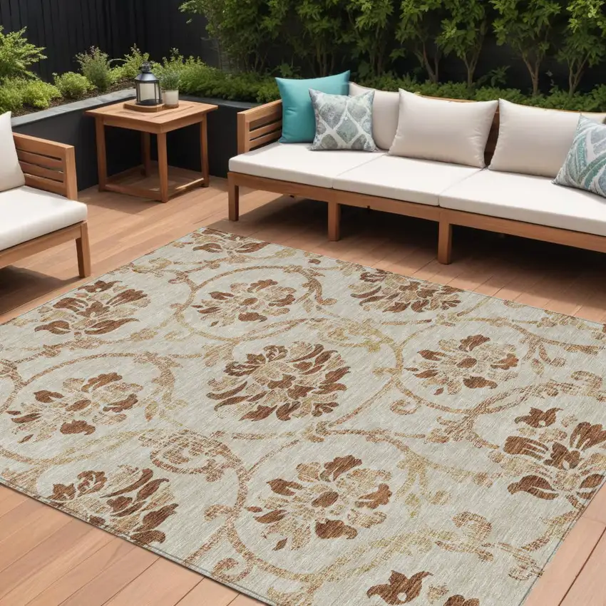 Terra Cotta Copper And Beige Floral Washable Indoor Outdoor Area Rug Photo 1