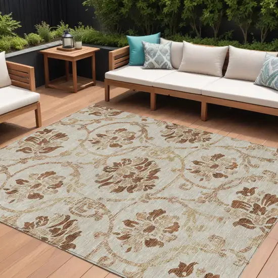 Terra Cotta Copper And Beige Floral Washable Indoor Outdoor Area Rug Photo 1