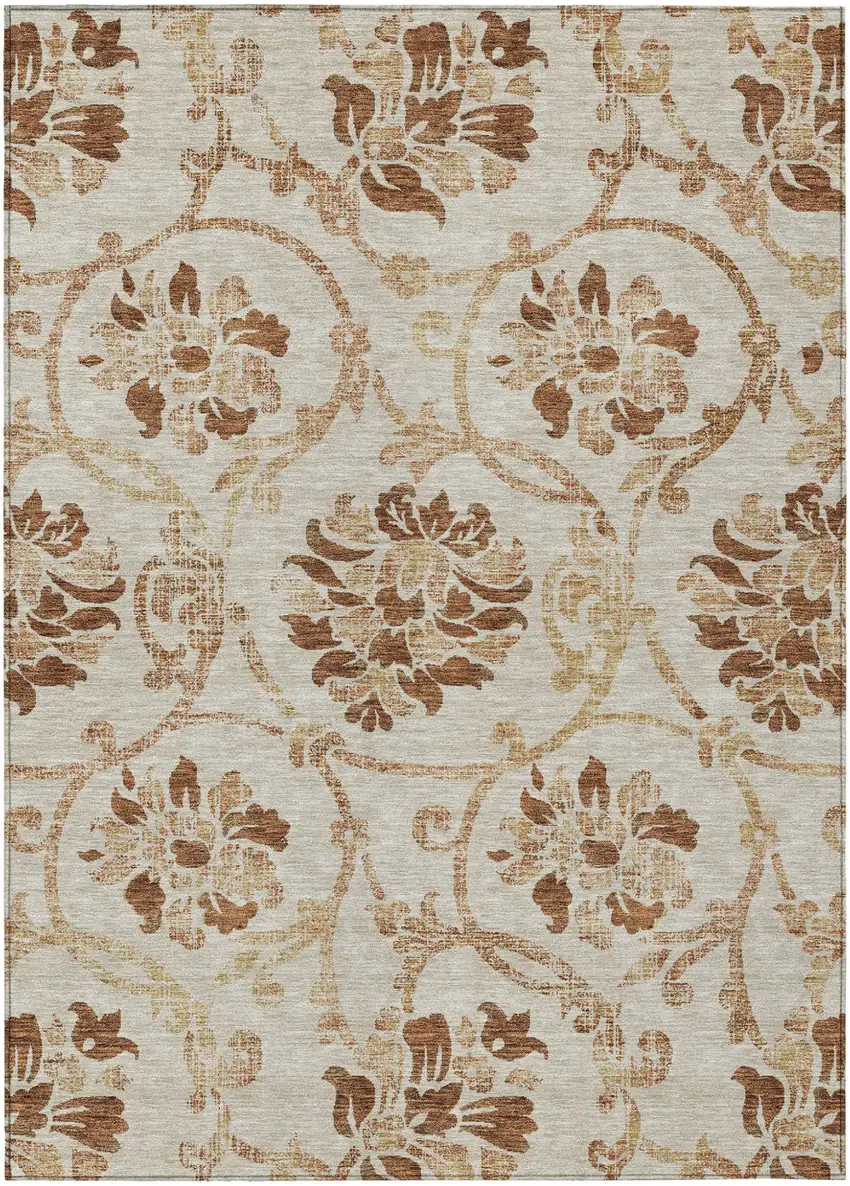 Terra Cotta Copper And Beige Floral Washable Indoor Outdoor Area Rug Photo 1