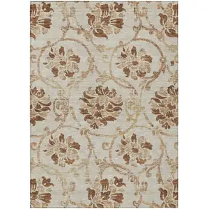 Photo of Terra Cotta Copper And Beige Floral Washable Indoor Outdoor Area Rug