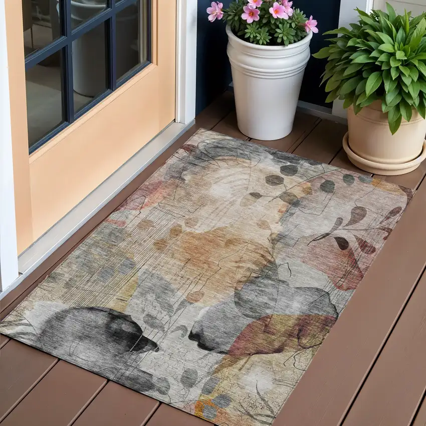 Terra Cotta Copper And Beige Floral Washable Indoor Outdoor Area Rug Photo 1