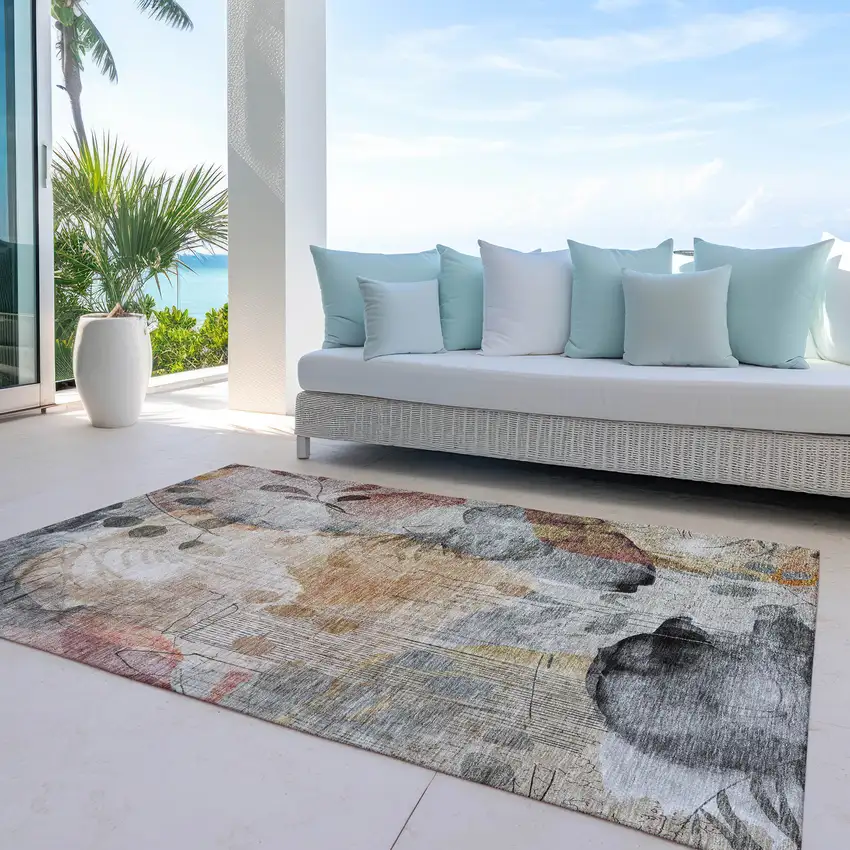 Terra Cotta Copper And Beige Floral Washable Indoor Outdoor Area Rug Photo 8