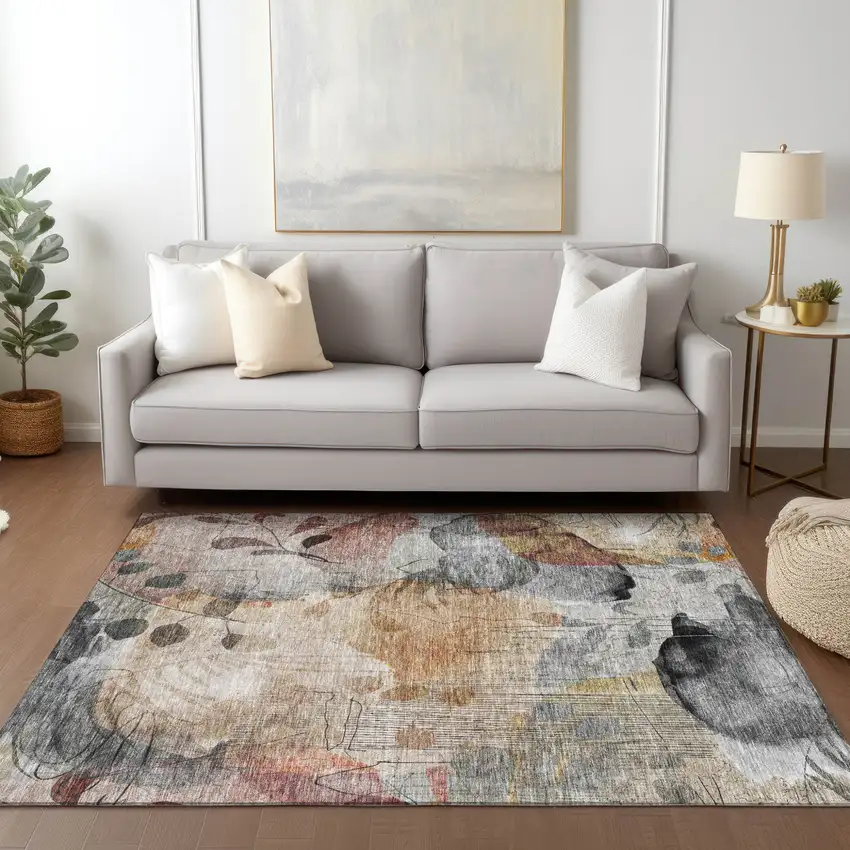 Terra Cotta Copper And Beige Floral Washable Indoor Outdoor Area Rug Photo 9