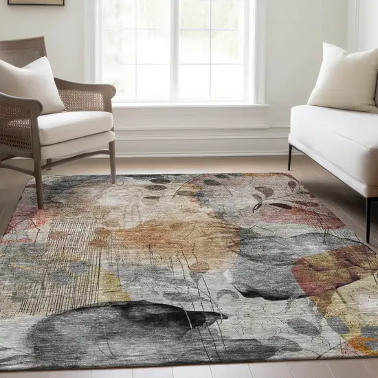 Terra Cotta Copper And Beige Floral Washable Indoor Outdoor Area Rug Photo 9