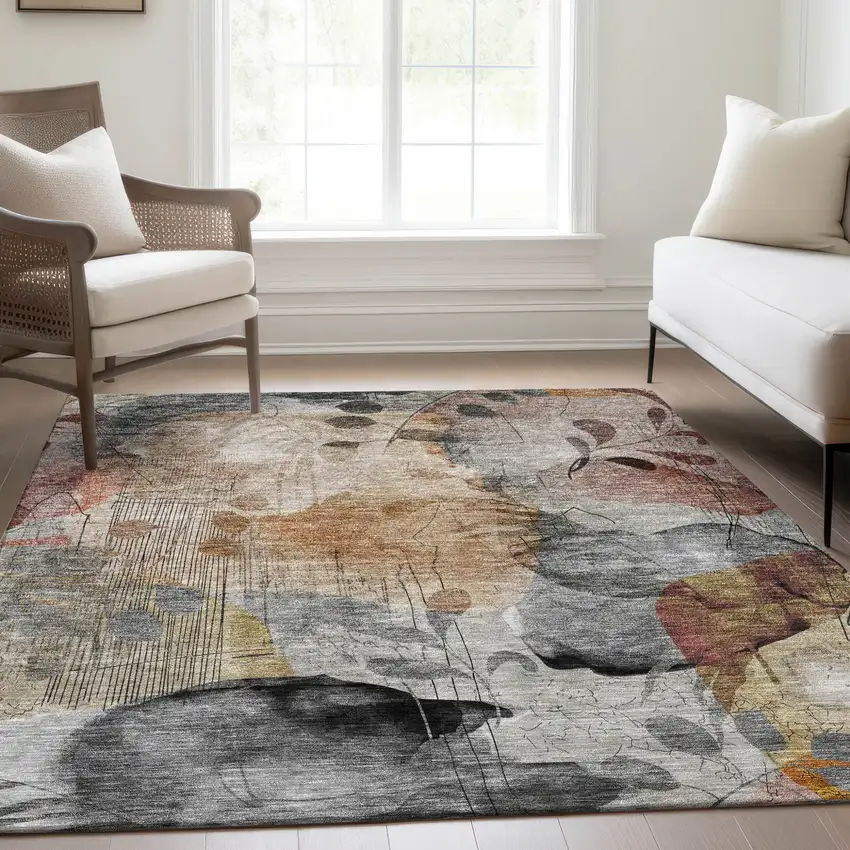 Terra Cotta Copper And Beige Floral Washable Indoor Outdoor Area Rug Photo 9