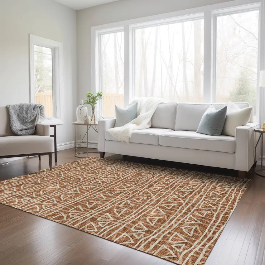 Terra Cotta Copper And Beige Geometric Washable Indoor Outdoor Area Rug Photo 9