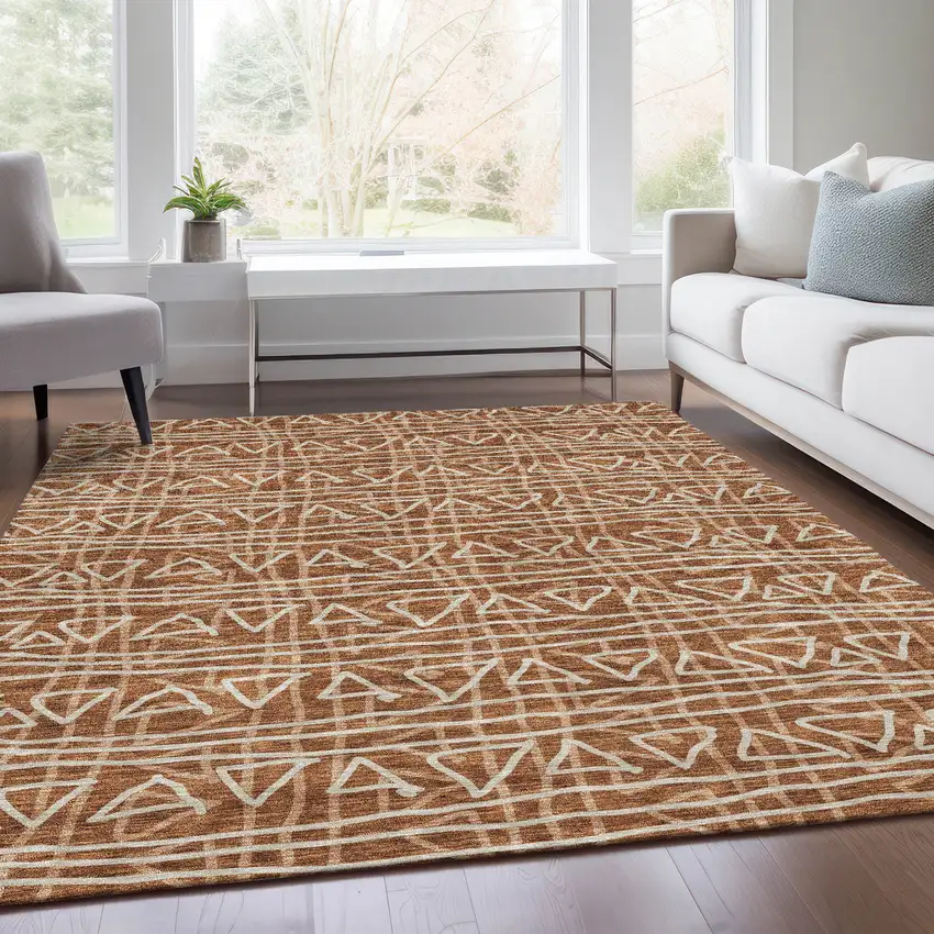 Terra Cotta Copper And Beige Geometric Washable Indoor Outdoor Area Rug Photo 9