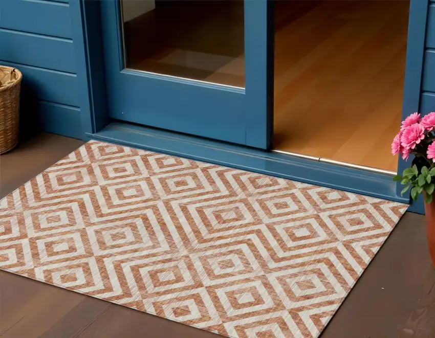 Terra Cotta Copper And Beige Geometric Washable Indoor Outdoor Area Rug Photo 1