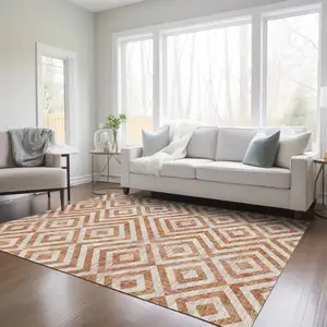 Photo of Terra Cotta Copper And Beige Geometric Washable Indoor Outdoor Area Rug