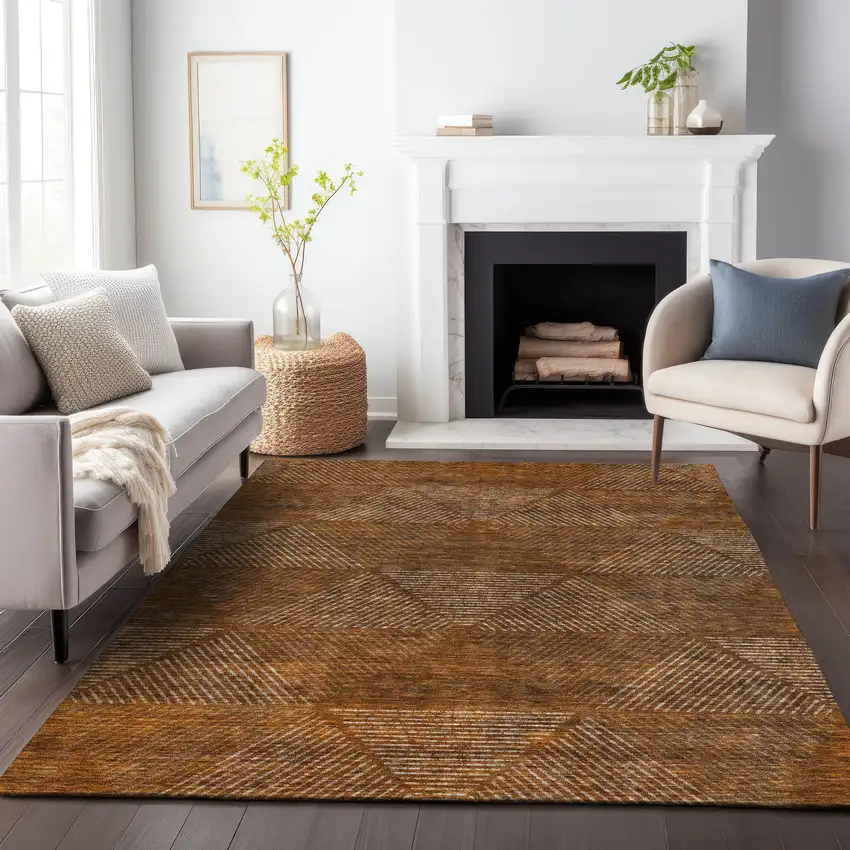 Terra Cotta Copper And Beige Geometric Washable Indoor Outdoor Area Rug Photo 9