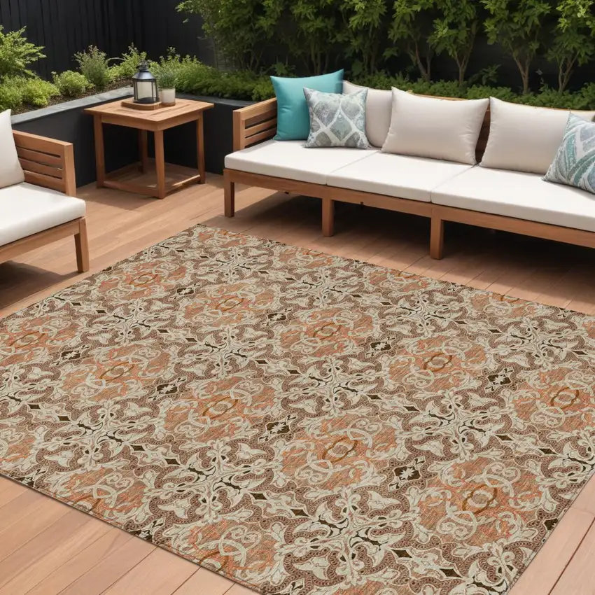 Terra Cotta Copper And Beige Medallion Washable Indoor Outdoor Area Rug Photo 1