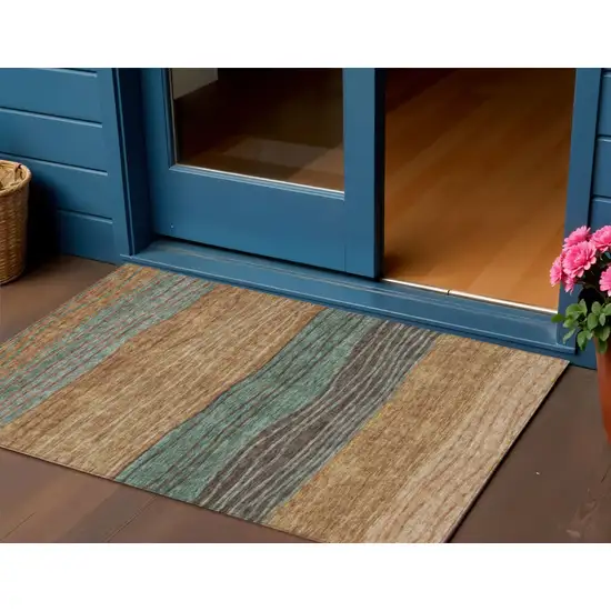 Terra Cotta Copper And Beige Striped Washable Indoor Outdoor Area Rug Photo 1