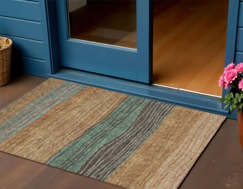 Terra Cotta Copper And Beige Striped Washable Indoor Outdoor Area Rug Photo 1
