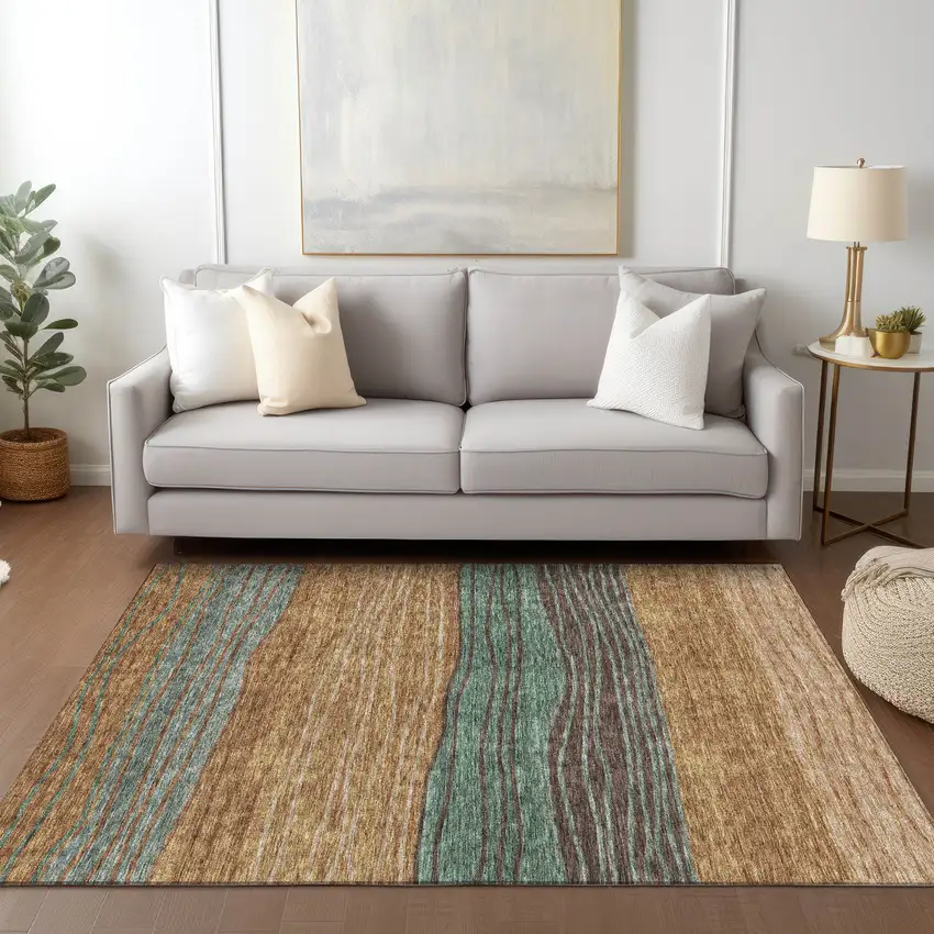 Terra Cotta Copper And Beige Striped Washable Indoor Outdoor Area Rug Photo 9