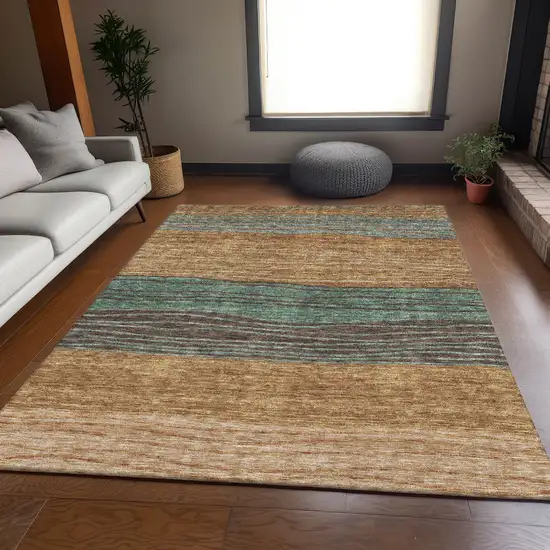 Terra Cotta Copper And Beige Striped Washable Indoor Outdoor Area Rug Photo 7