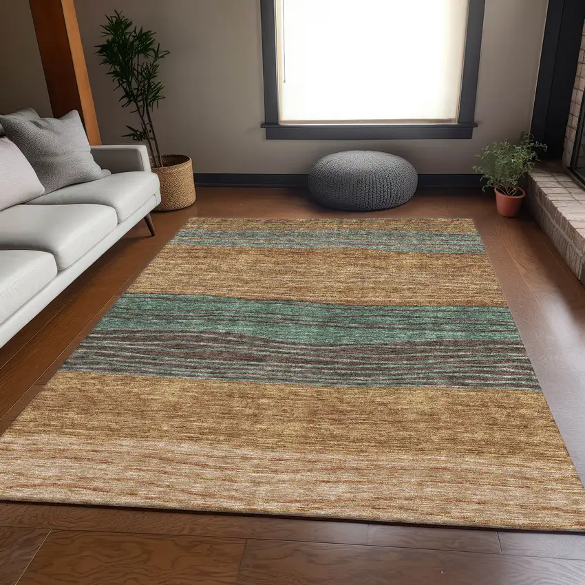 Terra Cotta Copper And Beige Striped Washable Indoor Outdoor Area Rug Photo 7