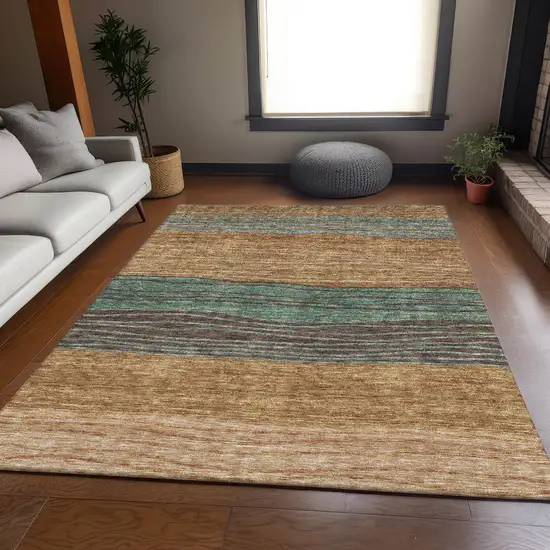 Terra Cotta Copper And Beige Striped Washable Indoor Outdoor Area Rug Photo 7