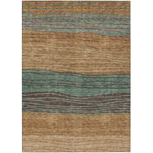 Photo of Terra Cotta Copper And Beige Striped Washable Indoor Outdoor Area Rug