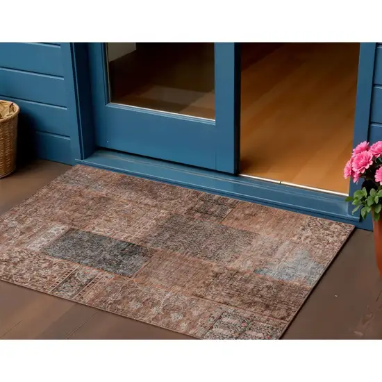 Terra Cotta Copper And Charcoal Patchwork Washable Indoor Outdoor Area Rug Photo 1