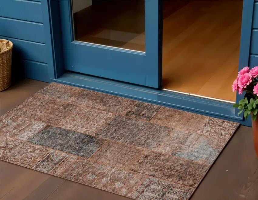 Terra Cotta Copper And Charcoal Patchwork Washable Indoor Outdoor Area Rug Photo 1