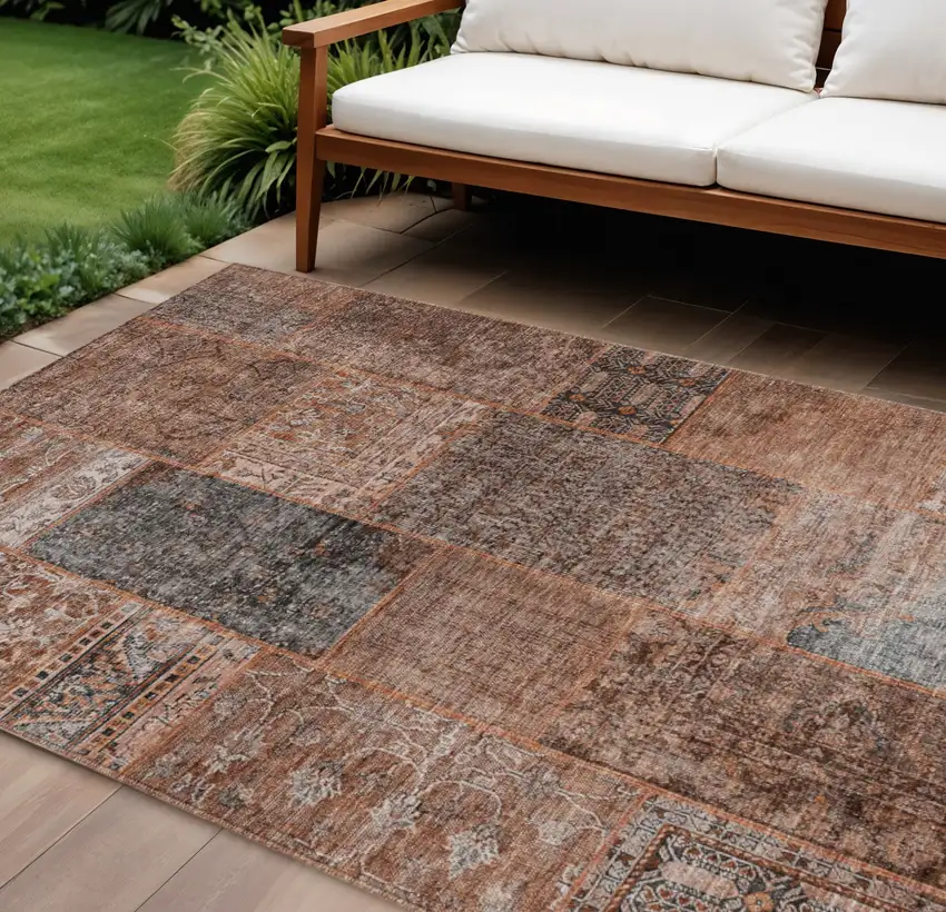 Terra Cotta Copper And Charcoal Patchwork Washable Indoor Outdoor Area Rug Photo 1