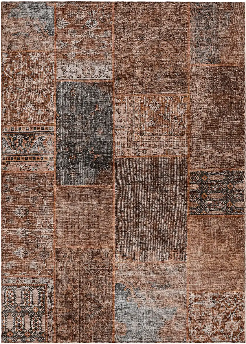 Terra Cotta Copper And Charcoal Patchwork Washable Indoor Outdoor Area Rug Photo 2