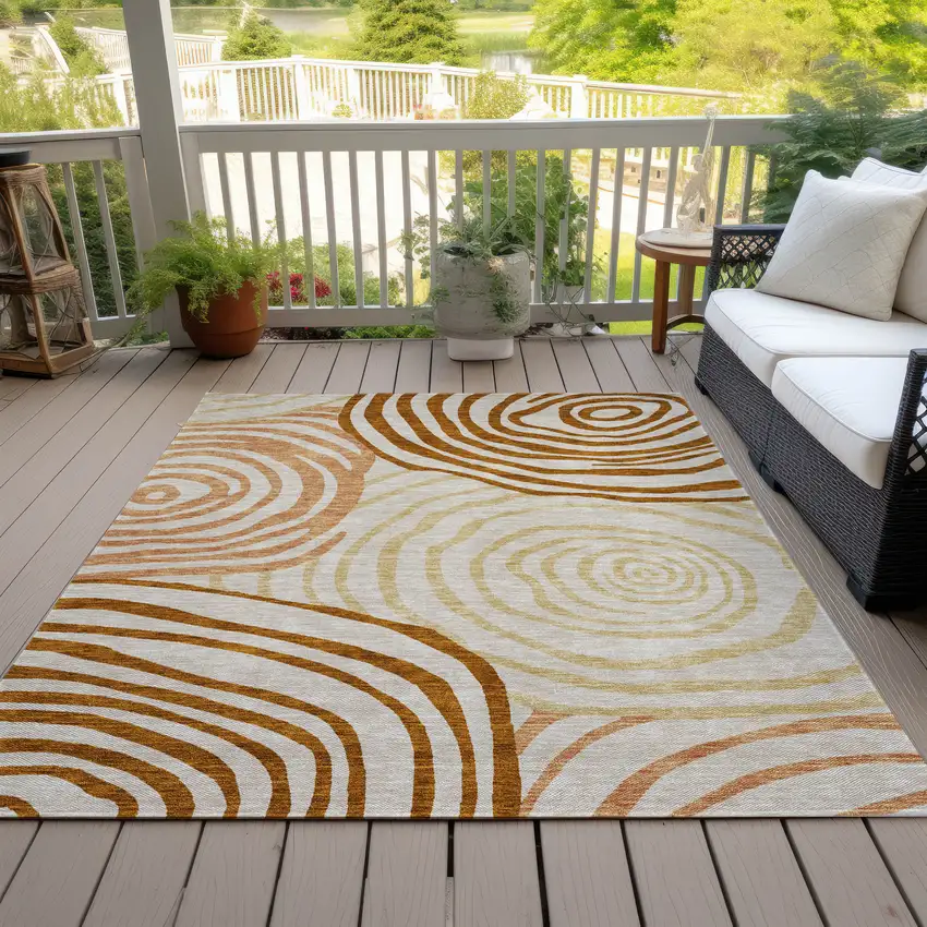 Terra Cotta Copper And Gold Abstract Washable Indoor Outdoor Area Rug Photo 9