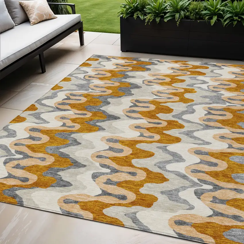 Terra Cotta Copper And Gray Abstract Washable Indoor Outdoor Area Rug Photo 1