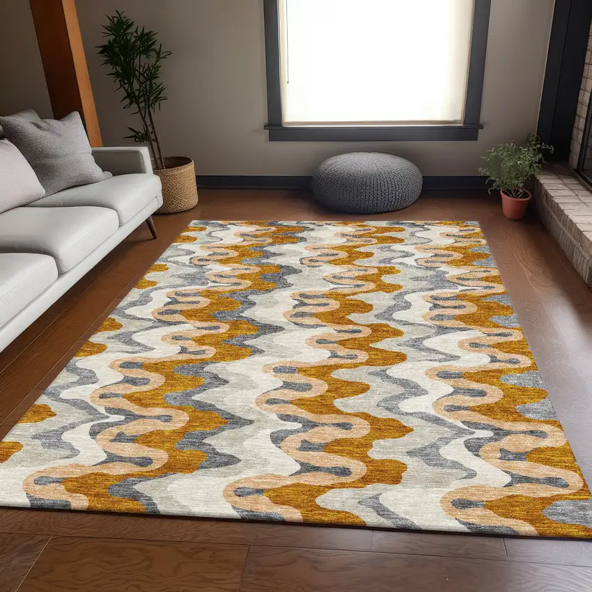 Terra Cotta Copper And Gray Abstract Washable Indoor Outdoor Area Rug Photo 7