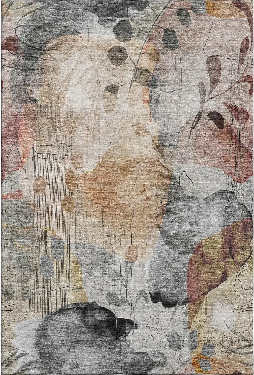 Terra Cotta Copper And Gray Floral Washable Area Rug With UV Protection Photo 3