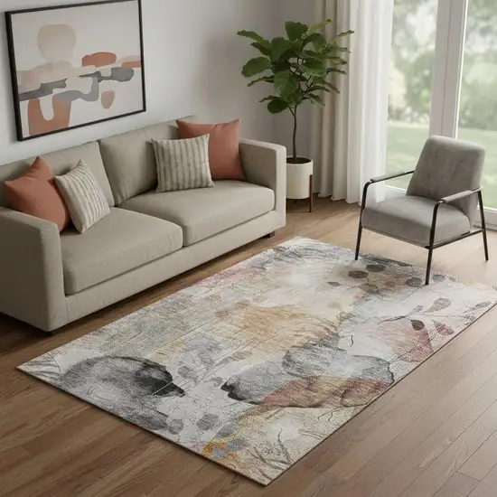 Terra Cotta Copper And Gray Floral Washable Area Rug With UV Protection Photo 1