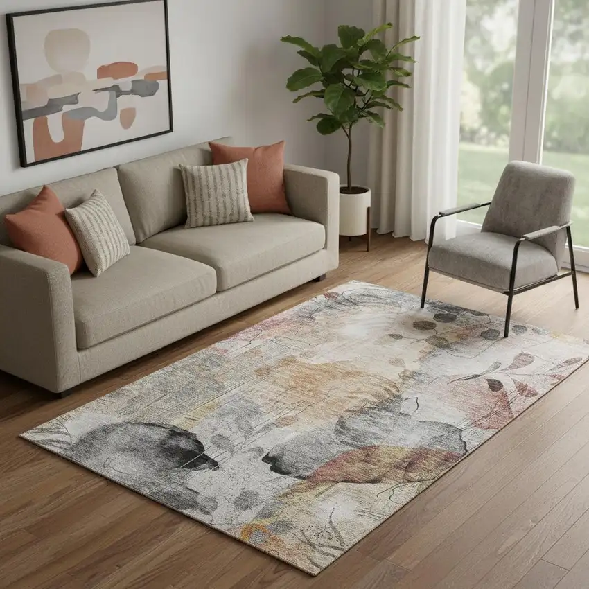 Terra Cotta Copper And Gray Floral Washable Area Rug With UV Protection Photo 1