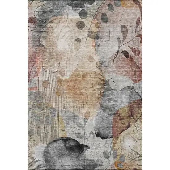 Terra Cotta Copper And Gray Floral Washable Area Rug With UV Protection Photo 3