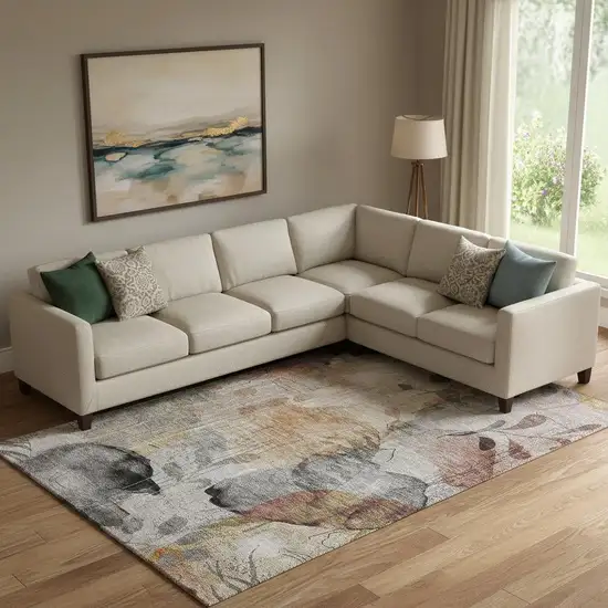 Terra Cotta Copper And Gray Floral Washable Area Rug With UV Protection Photo 2