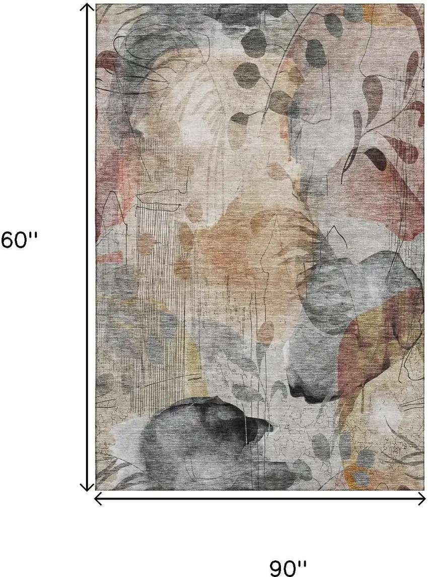 Terra Cotta Copper And Gray Floral Washable Area Rug With UV Protection Photo 7