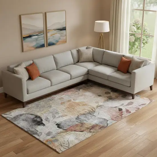 Terra Cotta Copper And Gray Floral Washable Area Rug With UV Protection Photo 2