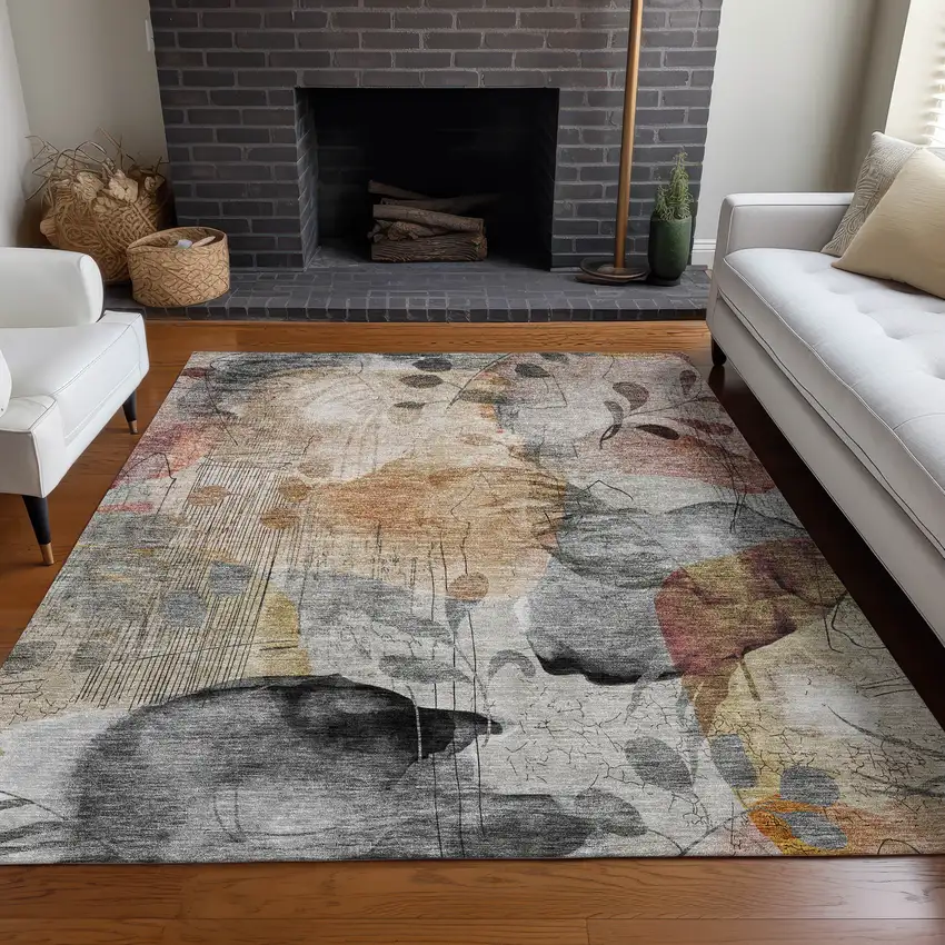 Terra Cotta Copper And Gray Floral Washable Area Rug With UV Protection Photo 2