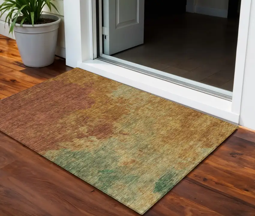 Terra Cotta Copper And Green Abstract Washable Indoor Outdoor Area Rug Photo 1