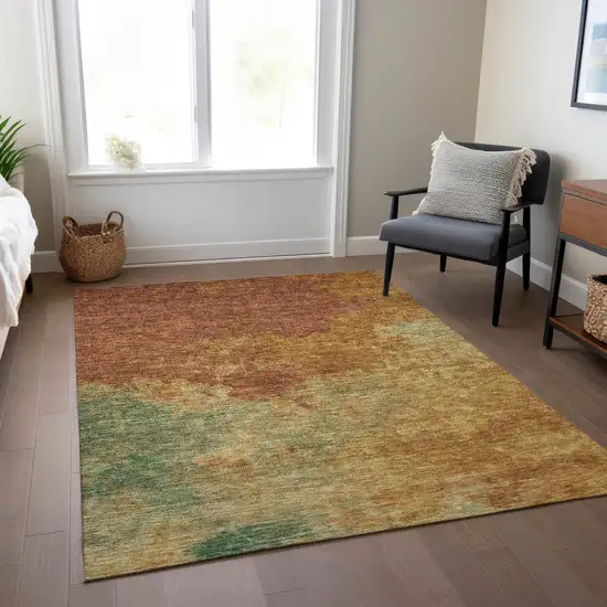 Terra Cotta Copper And Green Abstract Washable Indoor Outdoor Area Rug Photo 9