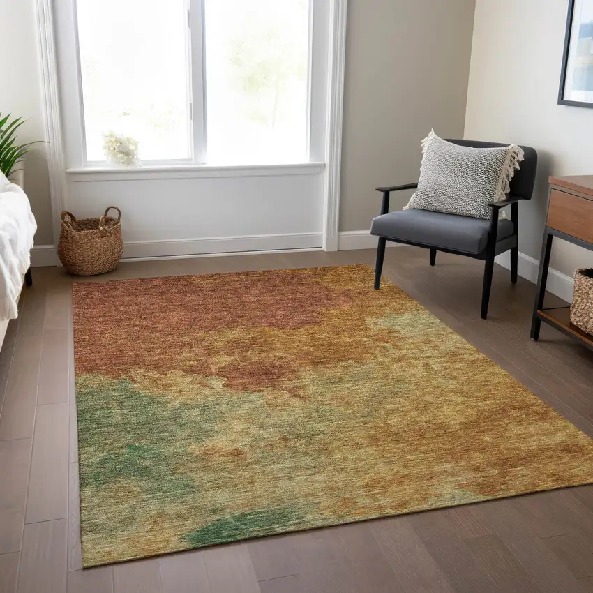 Terra Cotta Copper And Green Abstract Washable Indoor Outdoor Area Rug Photo 9