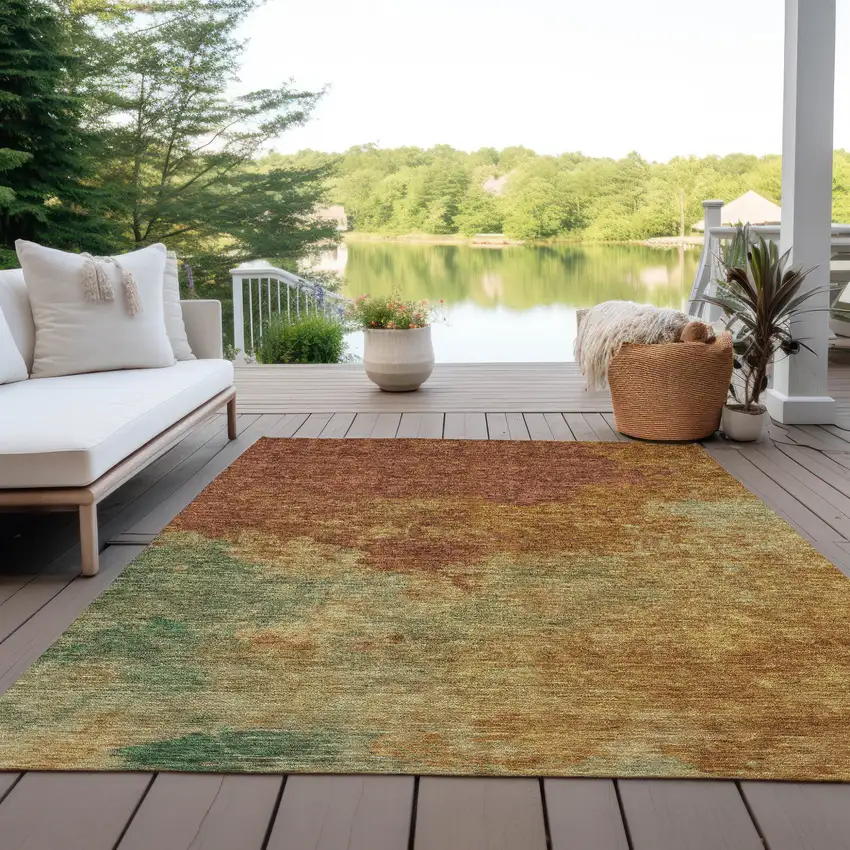 Terra Cotta Copper And Green Abstract Washable Indoor Outdoor Area Rug Photo 7