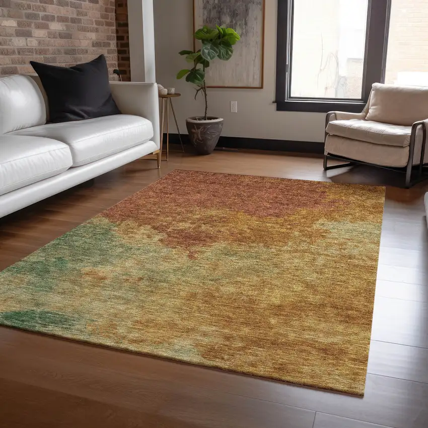 Terra Cotta Copper And Green Abstract Washable Indoor Outdoor Area Rug Photo 8