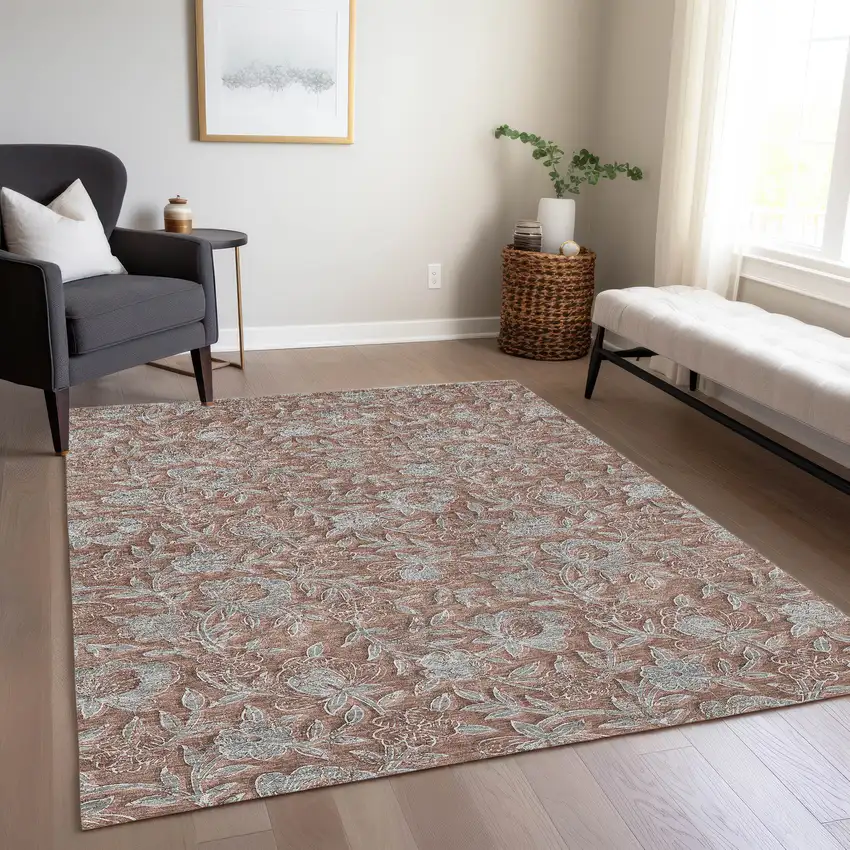 Terra Cotta Copper And Taupe Floral Washable Indoor Outdoor Area Rug Photo 9
