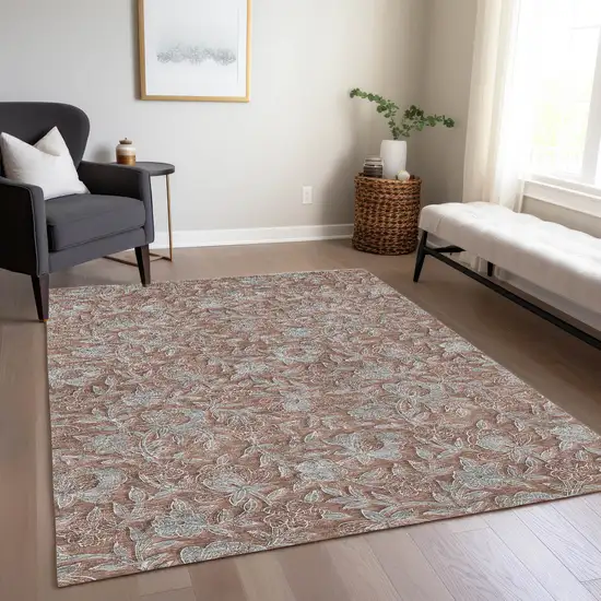 Terra Cotta Copper And Taupe Floral Washable Indoor Outdoor Area Rug Photo 9