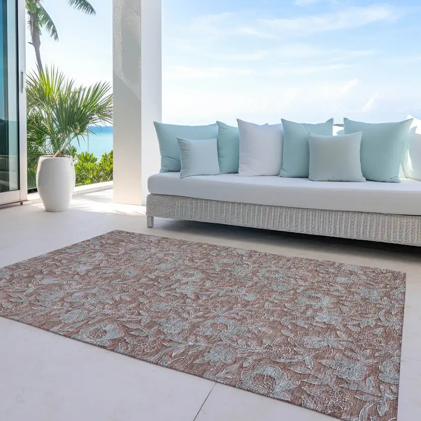Terra Cotta Copper And Taupe Floral Washable Indoor Outdoor Area Rug Photo 7